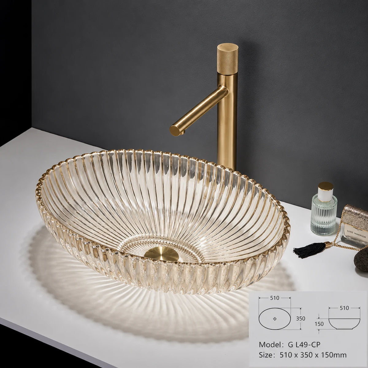 Champagne fluted oval glass vessel sink with gold faucet, 510mm art basin