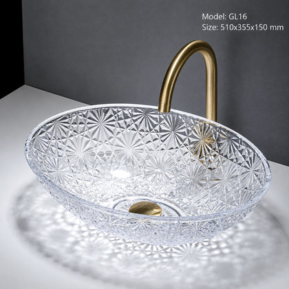 Clear crystal faceted glass vessel sink with gold faucet, oval 510mm starburst-cut bowl