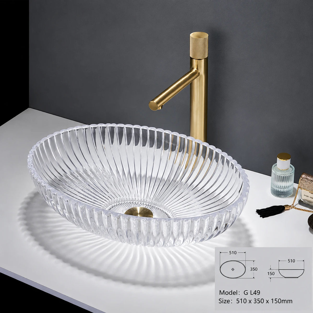 Clear fluted oval glass vessel sink with gold faucet, 510mm ingot art basin