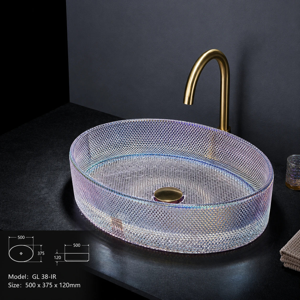 Iridescent rainbow faceted glass vessel sink with gold faucet, oval 500mm bowl