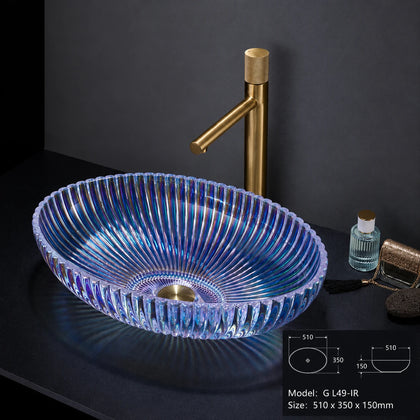 Iridescent rainbow ribbed oval glass vessel sink, gold faucet, 510mm art basin