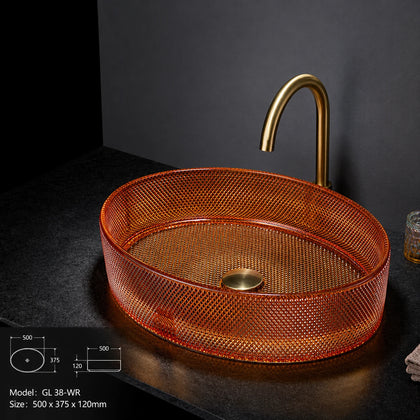 Orange red faceted glass vessel sink with gold faucet, oval 500mm bowl