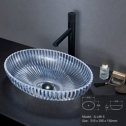 Sapphire blue ribbed oval glass vessel sink with black faucet, 510mm art basin
