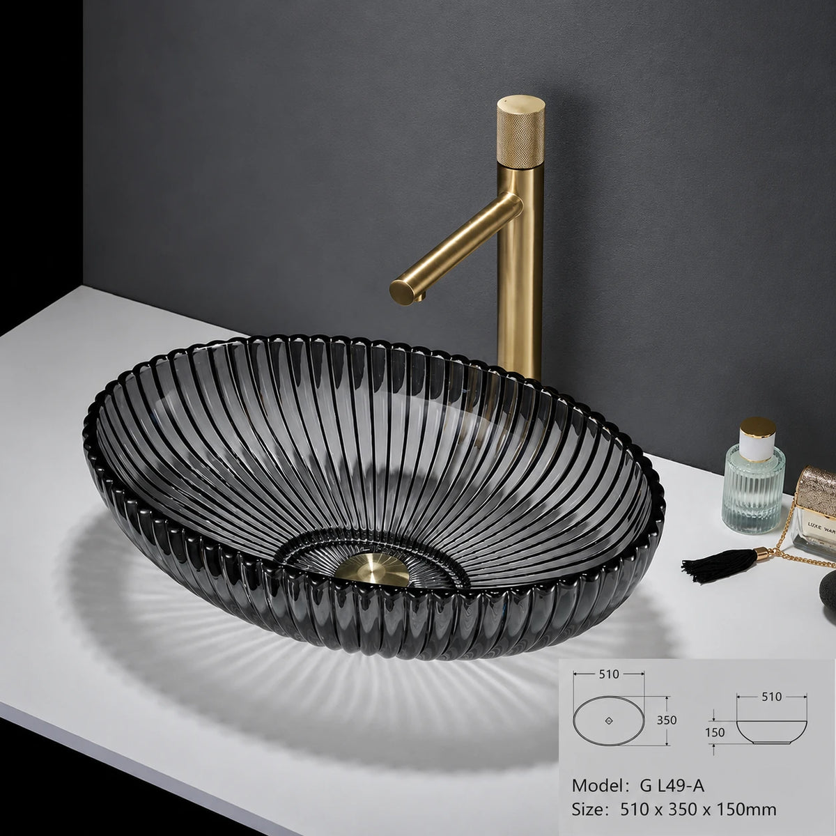 Smoke grey fluted oval glass vessel sink with gold faucet, 510mm ingot bowl