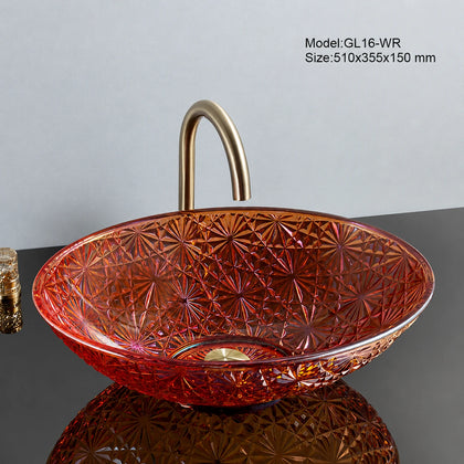 Wine red faceted glass vessel sink with gold faucet, oval 510mm starburst-cut bowl