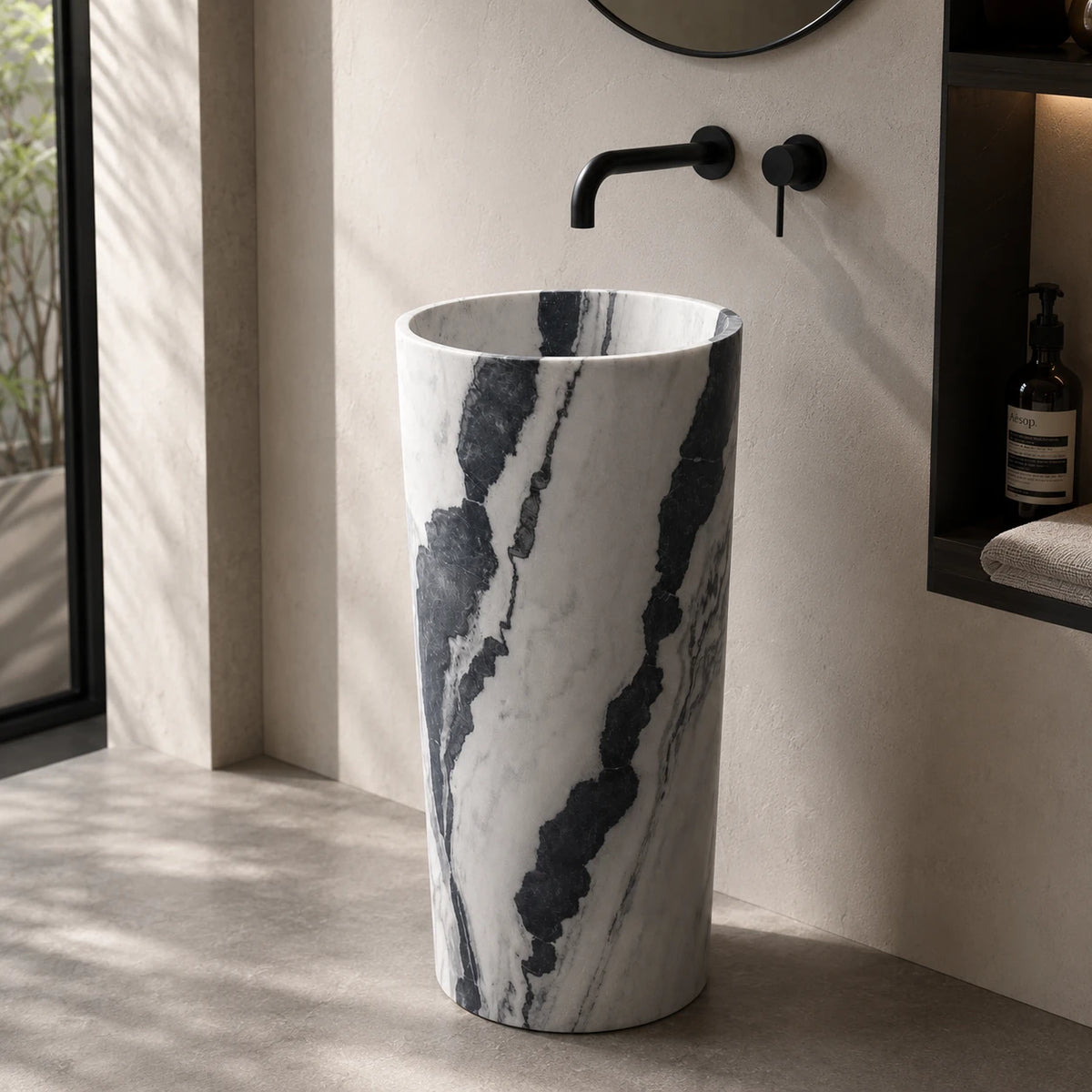 Panda White Marble Cylindrical Pedestal Basin
