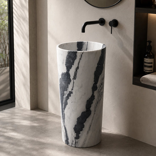 Panda White Marble Cylindrical Pedestal Basin