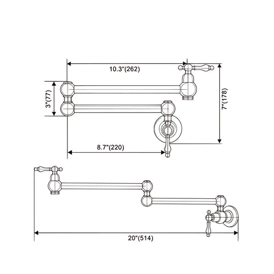 Dimensioned spec drawing for SANIKB FYF-05042 wall-mount pot filler kitchen faucet.
