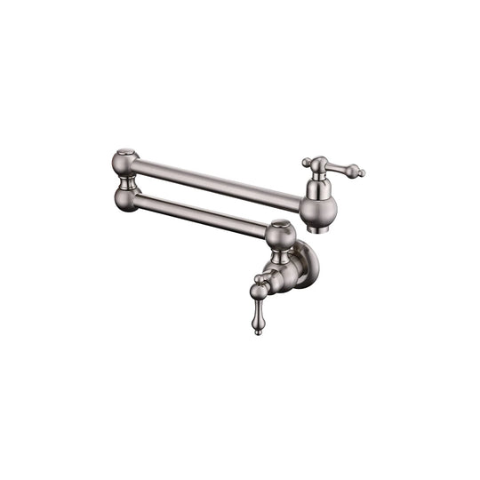 Brushed nickel wall-mount pot filler for kitchen, solid brass body, double-jointed folding arm — SANIKB FYF-05042.