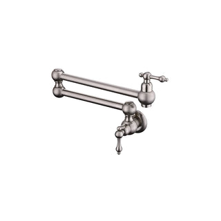 Brushed nickel wall-mount pot filler for kitchen, solid brass body, double-jointed folding arm — SANIKB FYF-05042.