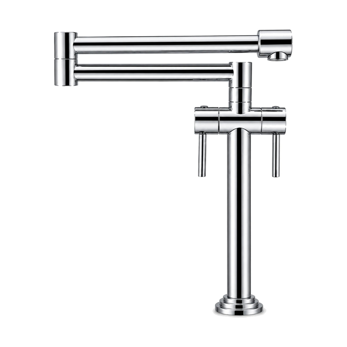 Chrome — Matte black deck mount pot filler with stepped round base, two pin levers and double-jointed folding arm — SANIKB DL-05 205-CP