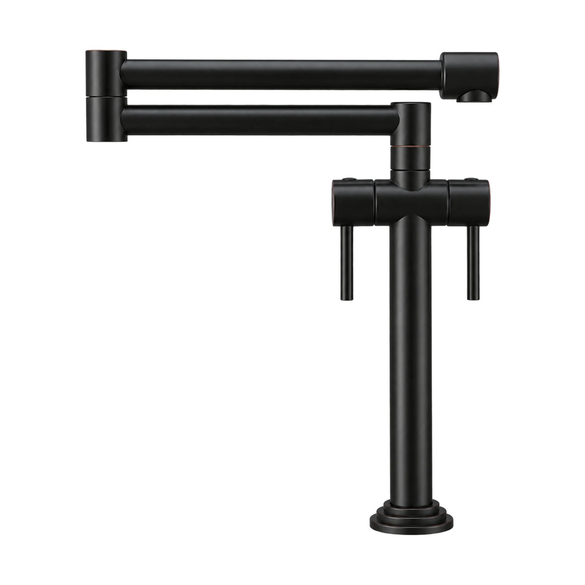 Matte Black — Matte black deck mount pot filler with stepped round base, two pin levers and double-jointed folding arm — SANIKB DL-05 205-BK