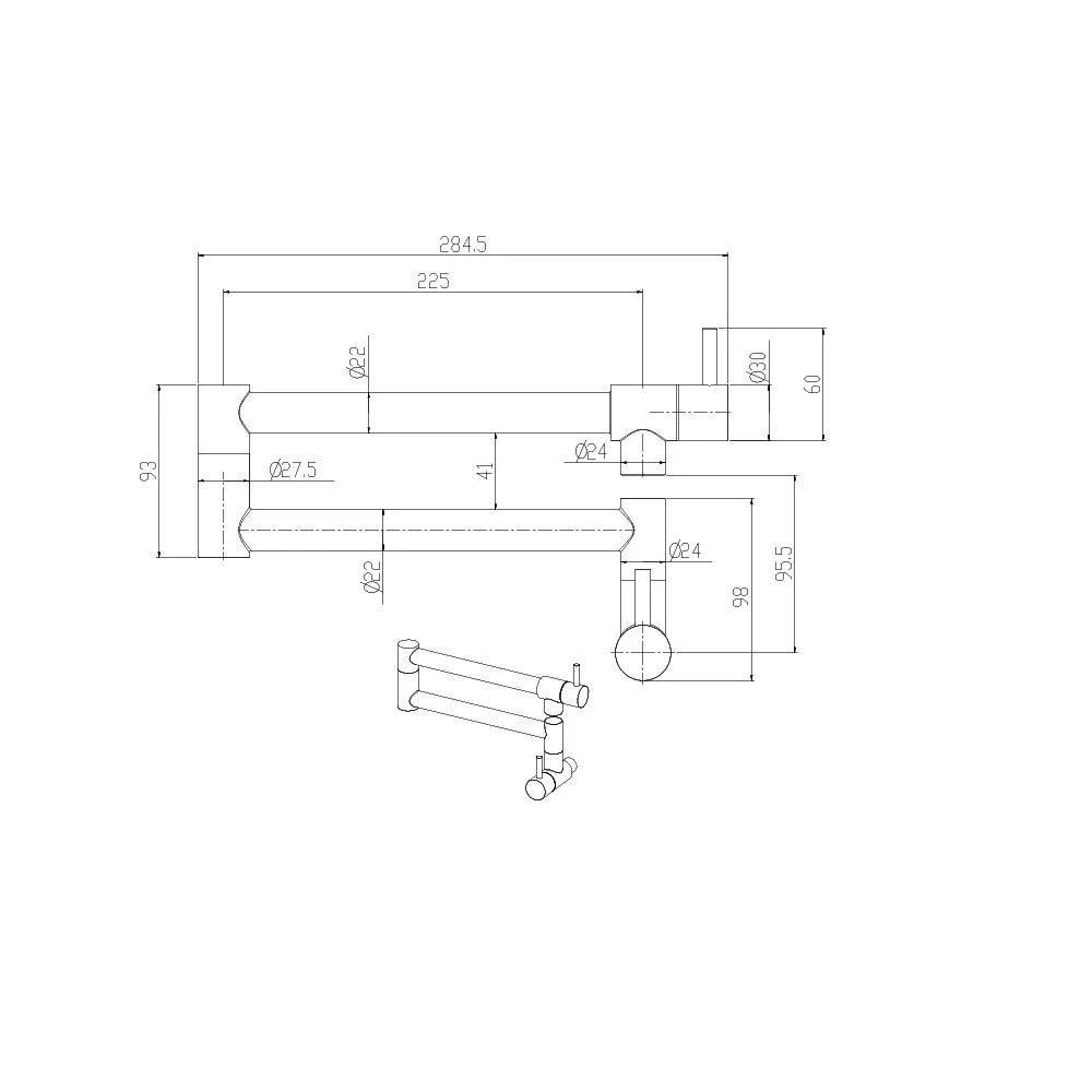 Dimensioned spec drawing for SANIKB FYF-05040 wall-mounted stainless steel pot filler kitchen faucet.
