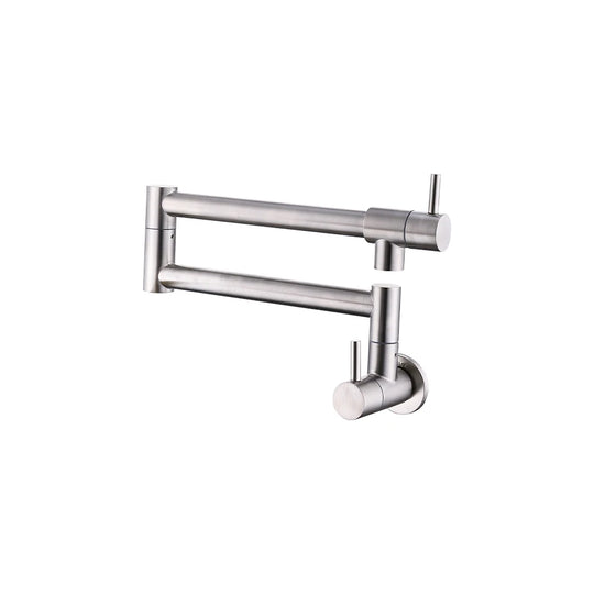 Brushed stainless steel wall-mount pot filler for the kitchen, folding double-joint arm and dual lever handles — SANIKB FYF-05040.
