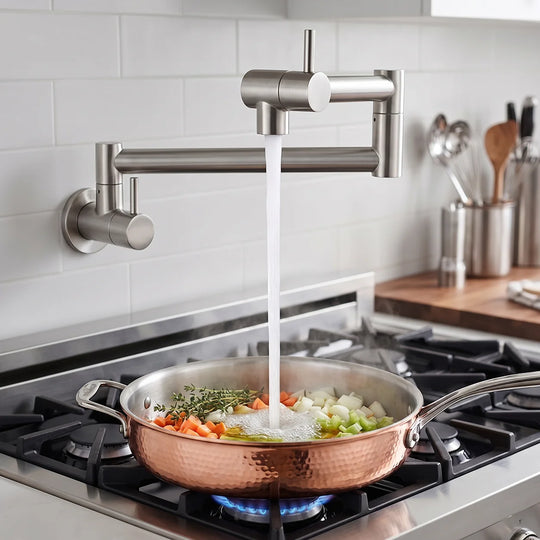Stainless steel wall-mount pot filler filling a copper pan over a gas range — SANIKB FYF-05040 kitchen pot filler faucet in use.