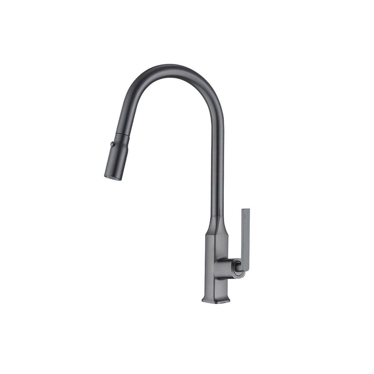 Gunmetal grey pull-down kitchen faucet, brass body, C-shaped gooseneck spray head — SANIKB FYF-05014.