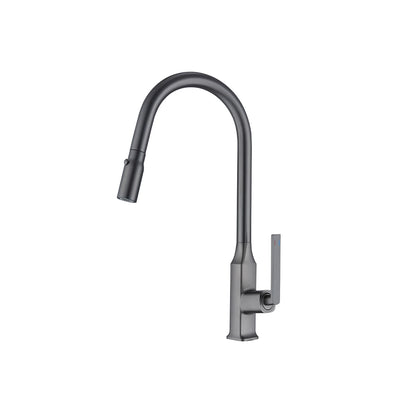 Gunmetal grey pull-down kitchen faucet, brass body, C-shaped gooseneck spray head — SANIKB FYF-05014.