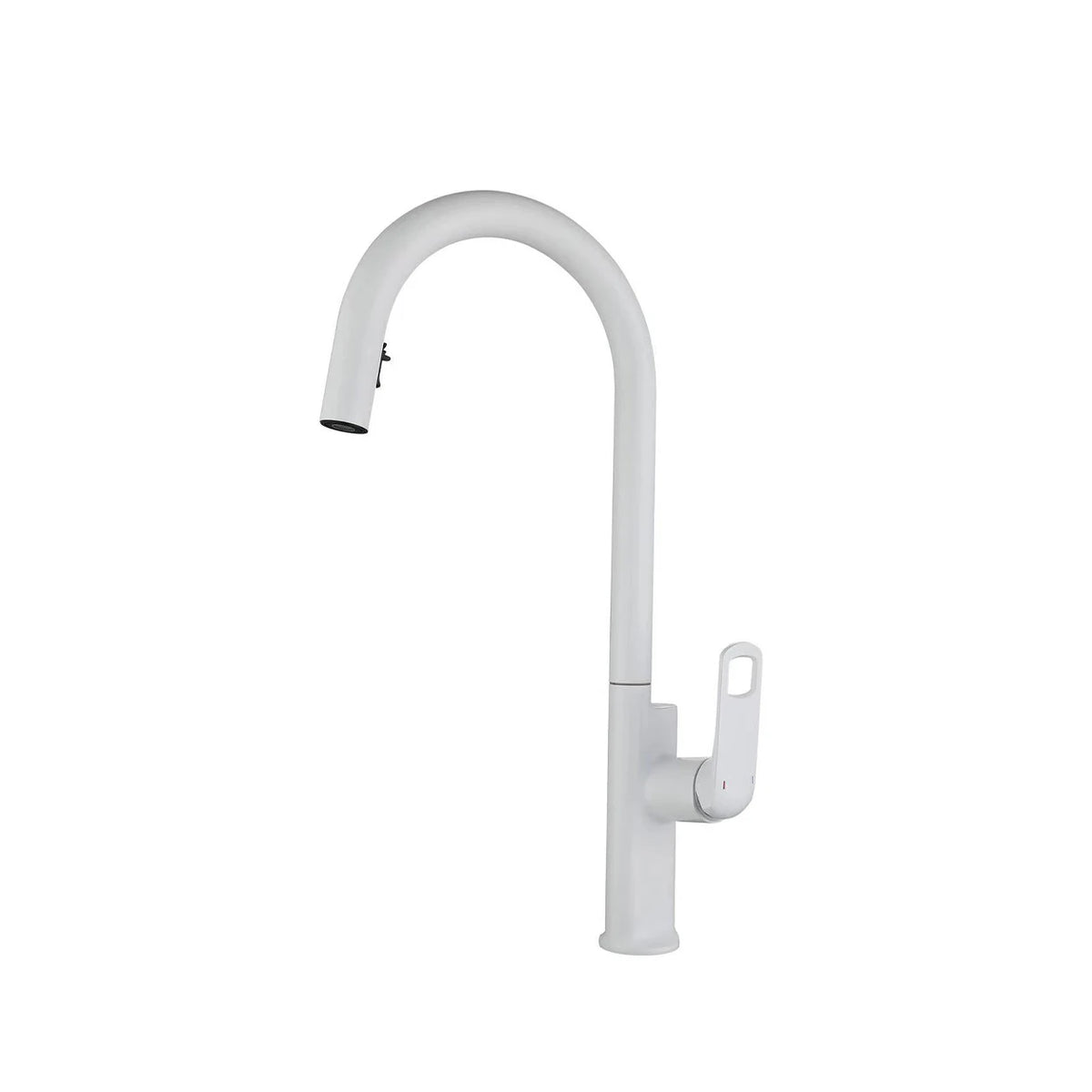 Matte white pull-down kitchen faucet, brass, tall gooseneck spout and open-loop side handle — SANIKB FYF-05017.