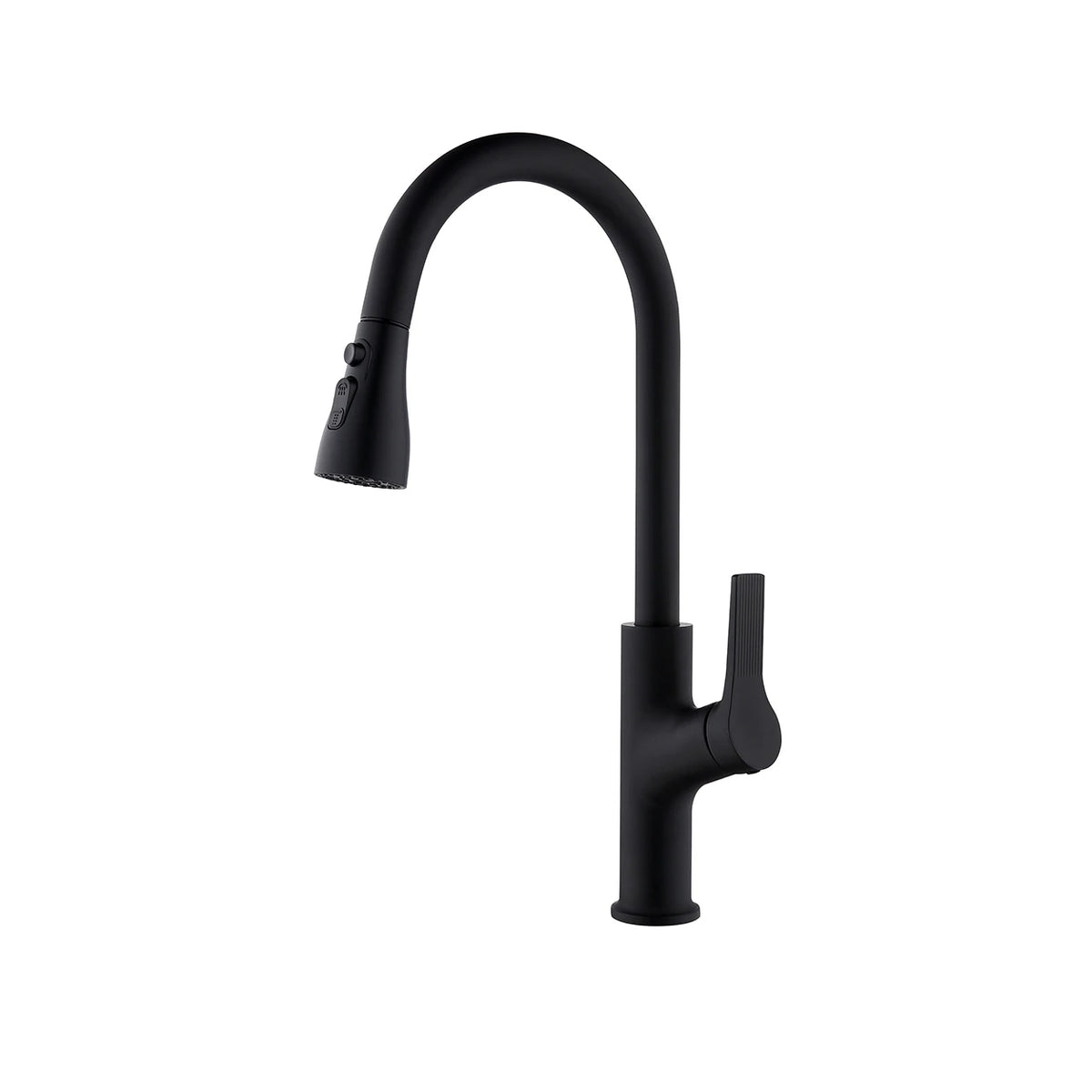 Matte black pull-down kitchen faucet, brass body, high-arc gooseneck spout and fluted lever handle — SANIKB FYF-05028.
