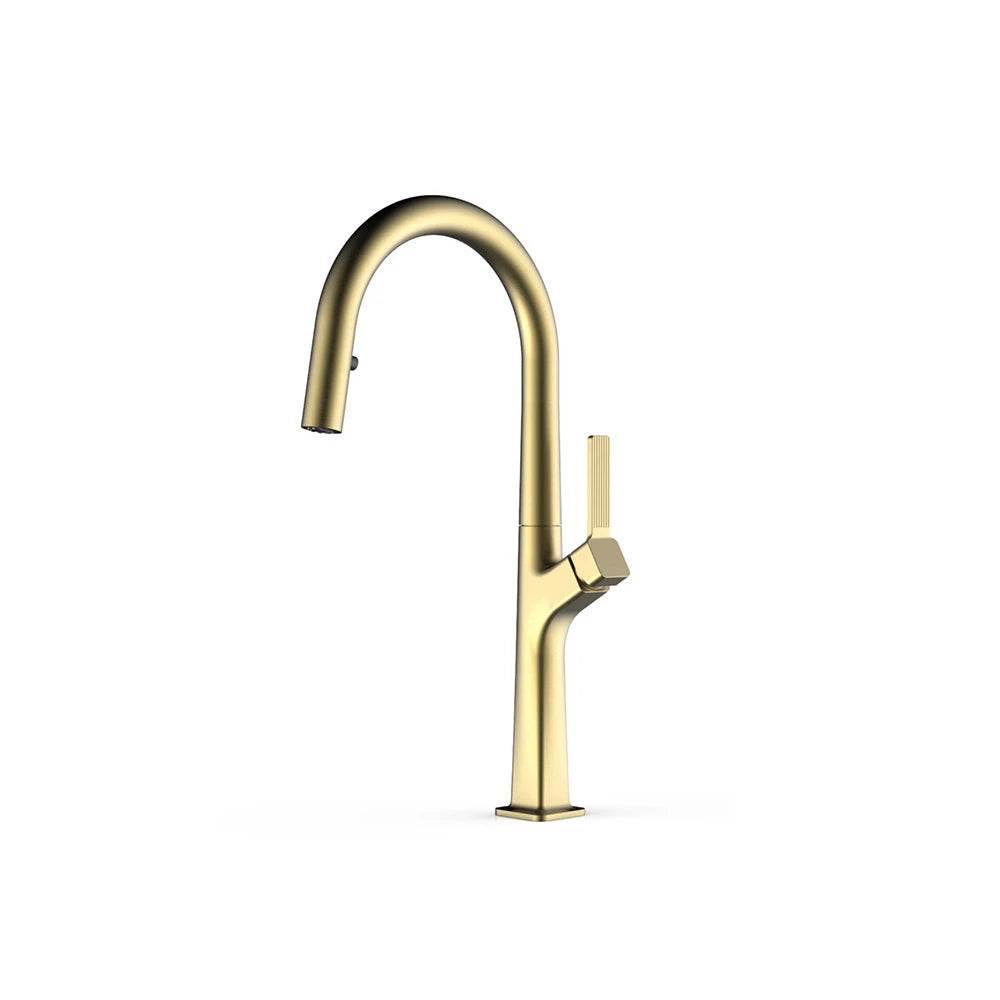 Brushed gold pull-down kitchen faucet, brass, tall C-curve spout and ribbed side handle — SANIKB FYF-05033.