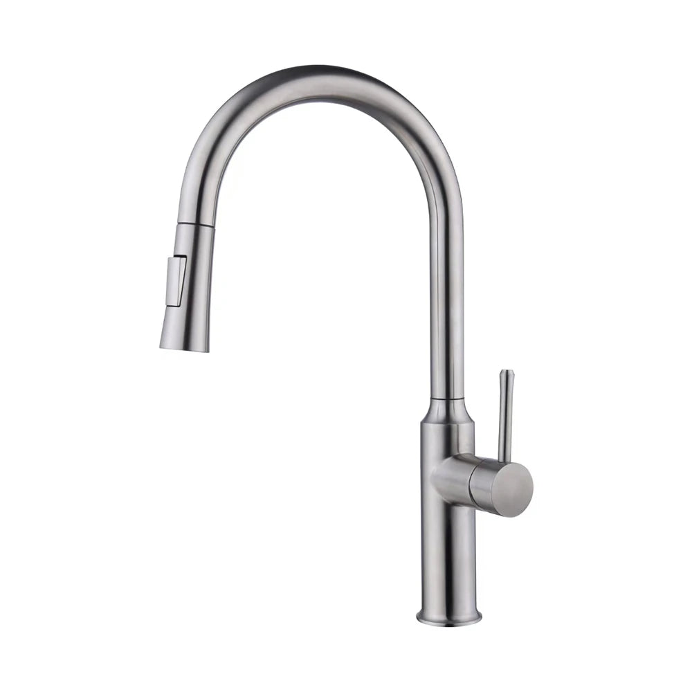 Brushed nickel pull-down kitchen faucet, brass, high-arc gooseneck with single lever — SANIKB FYF-05049.