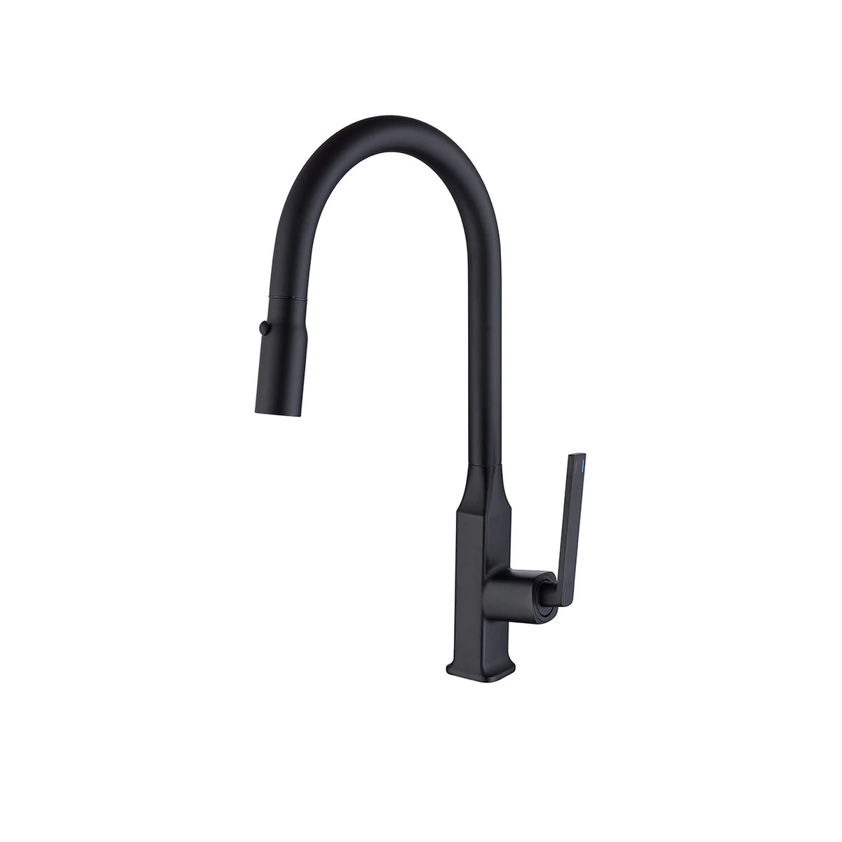 Matte black pull-down kitchen faucet, brass body, high-arc spout with flat side handle — SANIKB FYF-05014.