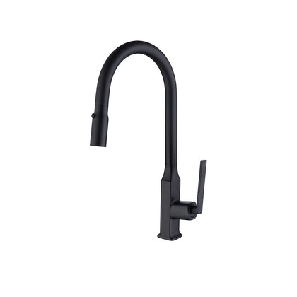 Matte black pull-down kitchen faucet, brass body, high-arc spout with flat side handle — SANIKB FYF-05014.