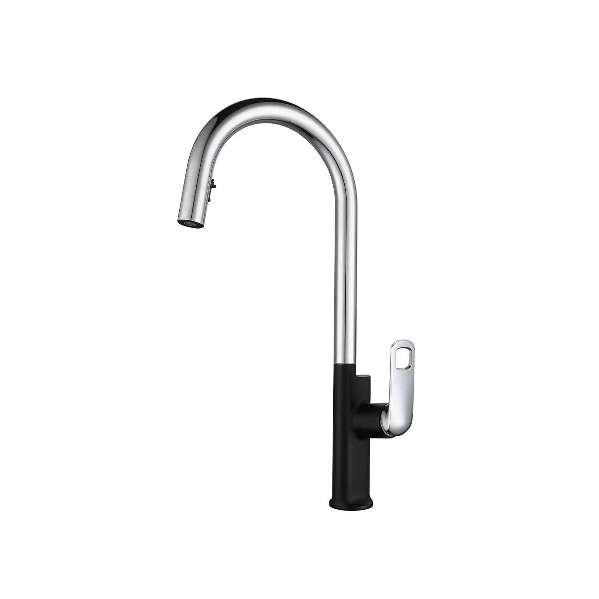 Two-tone chrome and black pull-down kitchen faucet, brass, gooseneck arc with looped lever — SANIKB FYF-05017.
