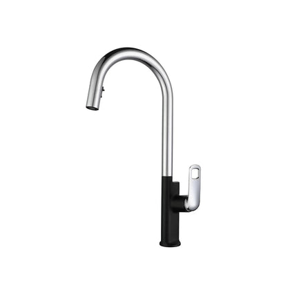 Two-tone chrome and black pull-down kitchen faucet, brass, gooseneck arc with looped lever — SANIKB FYF-05017.
