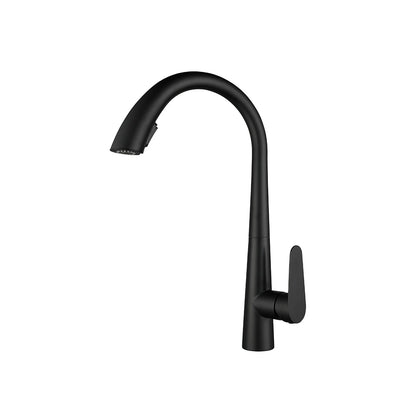 Matte black pull-down kitchen faucet, brass body, high-arc gooseneck spray head — SANIKB FYF-05018.