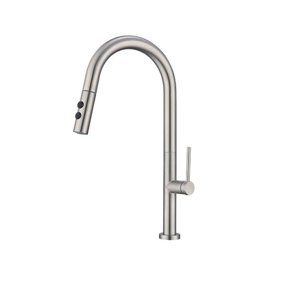 Brushed nickel pull-down kitchen faucet, brass, high-arc spout with two-mode spray head — SANIKB FYF-05034.