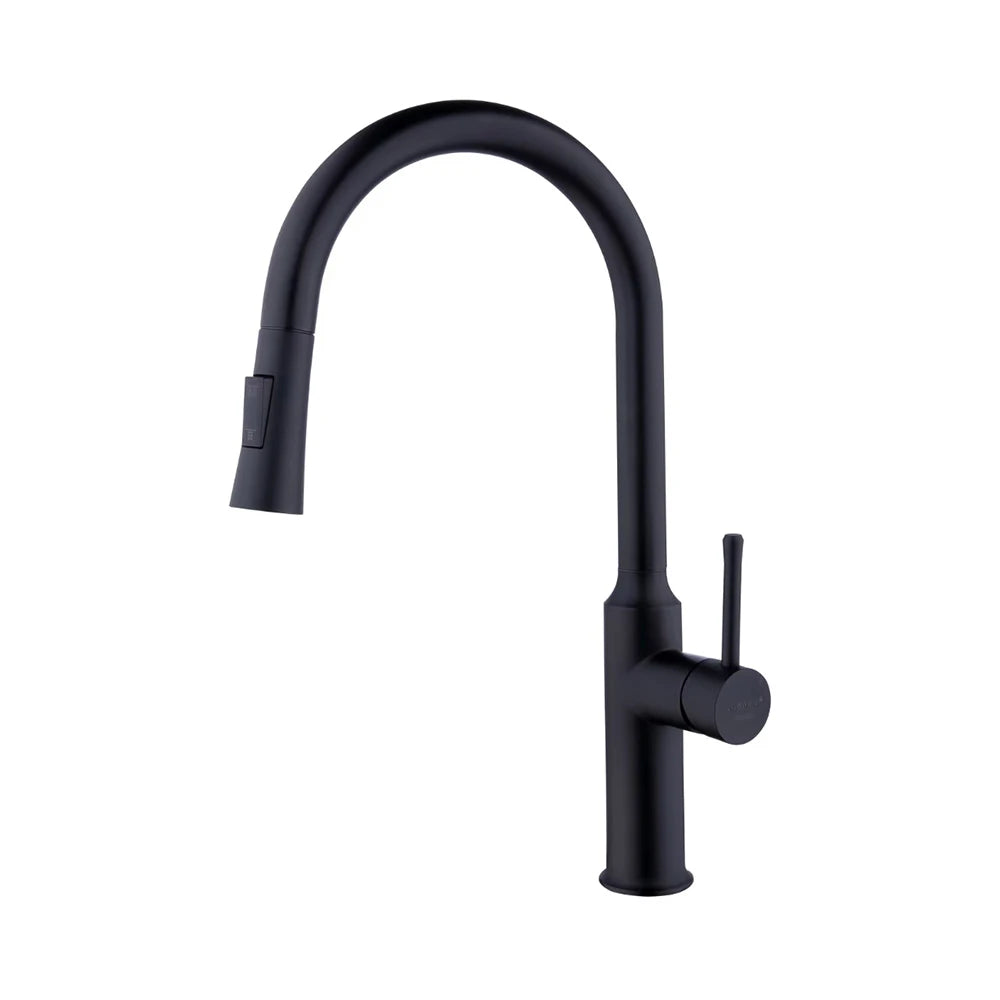 Matte black pull-down kitchen faucet, brass, tall gooseneck spray head — SANIKB FYF-05049.