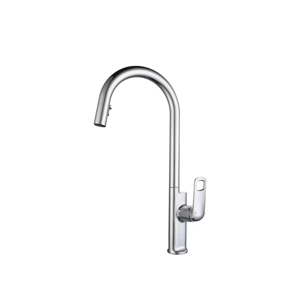 Polished chrome pull-down kitchen faucet, brass, C-curve gooseneck spray head — SANIKB FYF-05017.