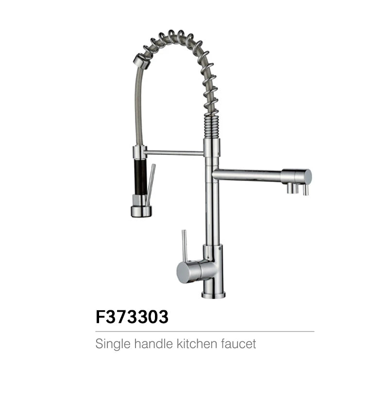 Brushed Nickel pull-down kitchen faucet, brass body, spring-coil sprayer with black hose and a fixed swing-arm spout — SANIKB F373302