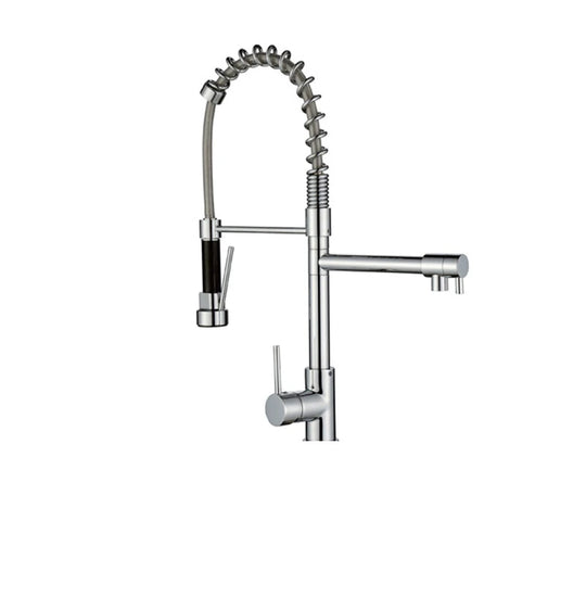 Brushed Nickel pull-down kitchen faucet, brass body, spring-coil sprayer with black hose and a fixed swing-arm spout — SANIKB F373302