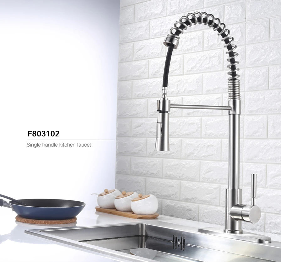 Brushed Nickel pull-down kitchen faucet, brass body, spring-coil sprayer beside a fixed straight side spout — SANIKB F803102
