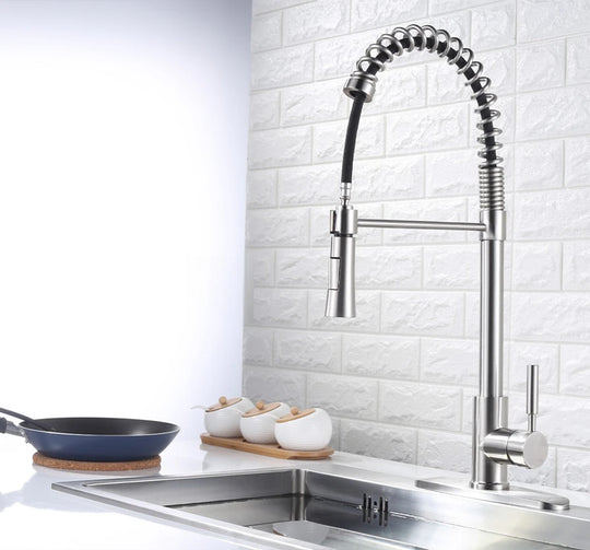 Brushed Nickel pull-down kitchen faucet, brass body, spring-coil sprayer beside a fixed straight side spout — SANIKB F803102