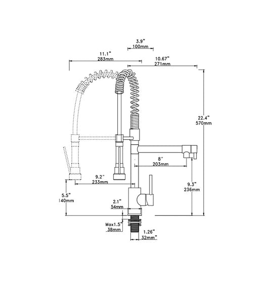 Dimensioned spec drawing for SANIKB F373302 pull-down kitchen faucet, brass body, 22.4" x 11.1" x 8" (570 x 283 x 203 mm)