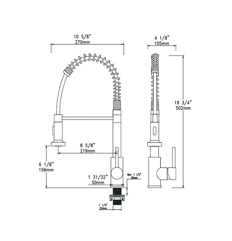 Dimensioned spec drawing for SANIKB F803102 pull-down kitchen faucet, brass body, 19.75" x 10.6" x 8.6" (502 x 270 x 219 mm)