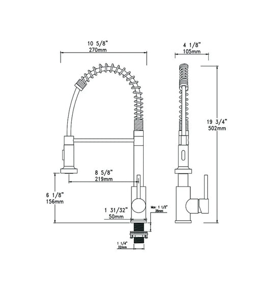 Dimensioned spec drawing for SANIKB F803102 pull-down kitchen faucet, brass body, 19.75" x 10.6" x 8.6" (502 x 270 x 219 mm)
