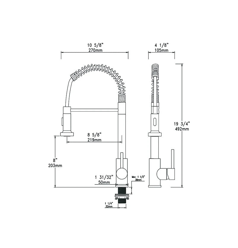 Dimensioned spec drawing for SANIKB F803402 pull-down kitchen faucet, brass body, 19.4" x 10.6" x 8" (492 x 270 x 203 mm)