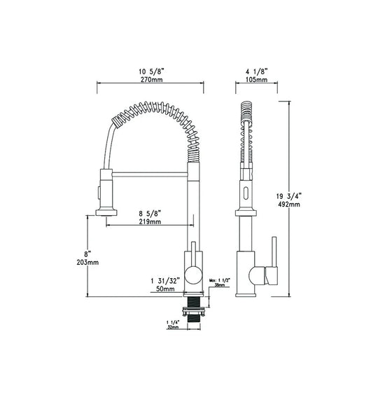 Dimensioned spec drawing for SANIKB F803402 pull-down kitchen faucet, brass body, 19.4" x 10.6" x 8" (492 x 270 x 203 mm)