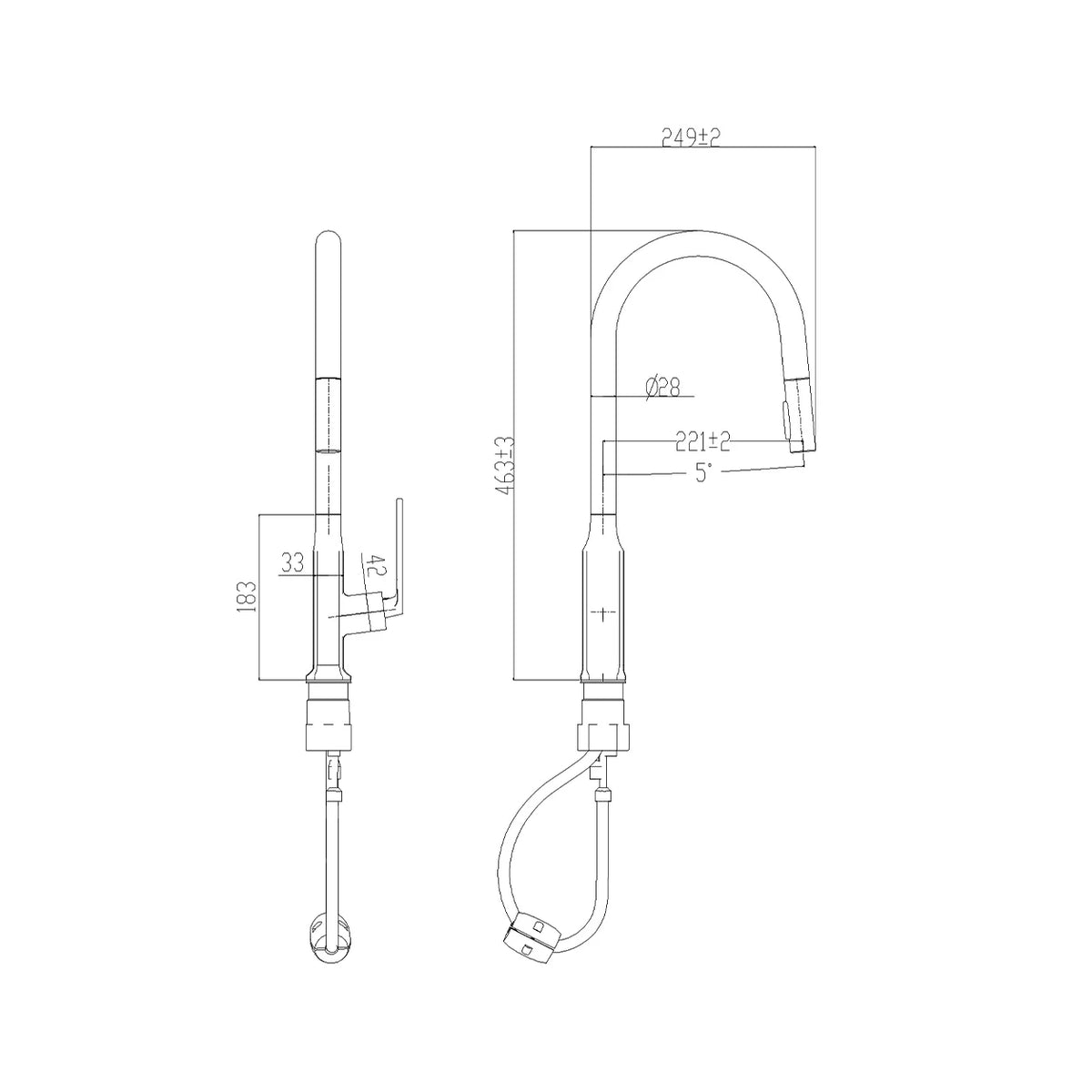 Dimensioned spec drawing for SANIKB FYF-05014 pull-down kitchen faucet.