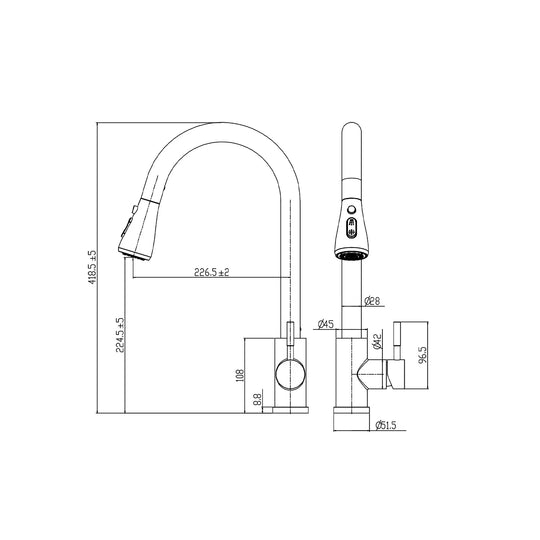 Dimensioned spec drawing for SANIKB FYF-05015 pull down kitchen faucet