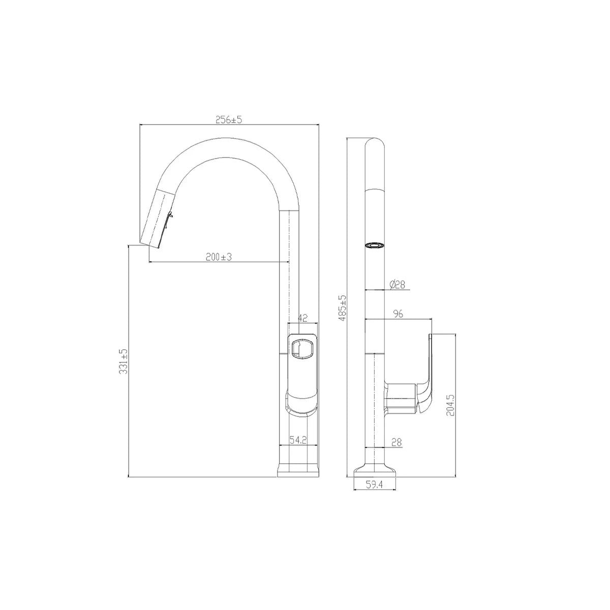 Dimensioned spec drawing for SANIKB FYF-05017 pull down kitchen faucet, 485mm height, 256mm spout reach.