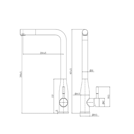 Dimensioned spec drawing for SANIKB FYF-05026 pull-down kitchen faucet.