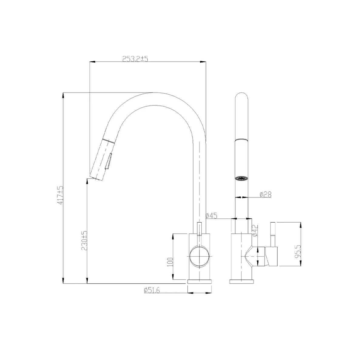 Dimensioned spec drawing for SANIKB FYF-05027 pull-down kitchen faucet.