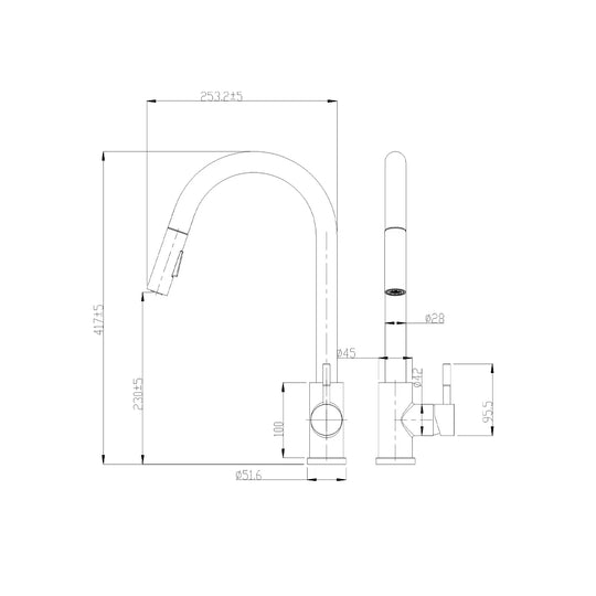 Dimensioned spec drawing for SANIKB FYF-05027 pull-down kitchen faucet.
