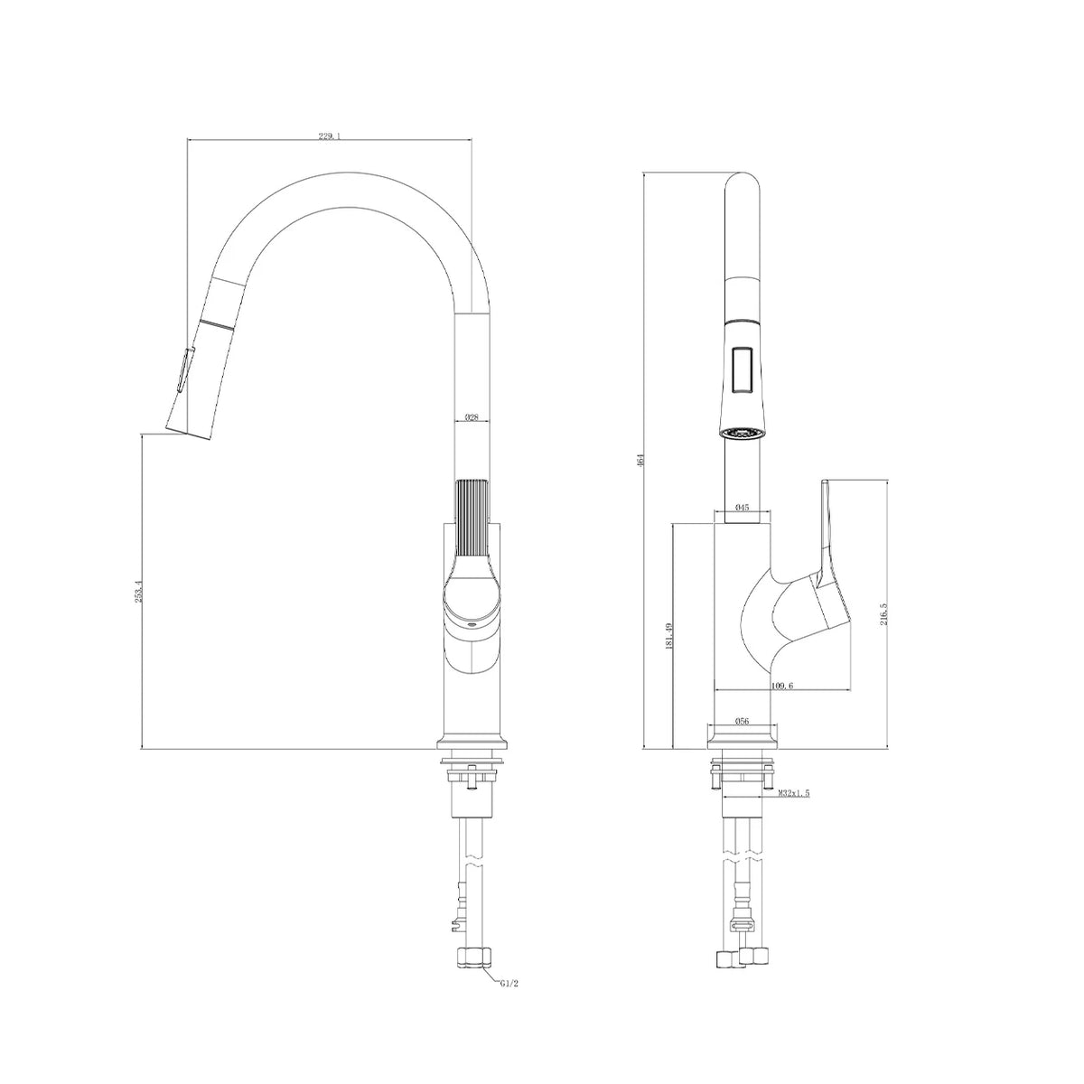 Dimensioned spec drawing for SANIKB FYF-05028 pull-down kitchen faucet, showing height and reach measurements.
