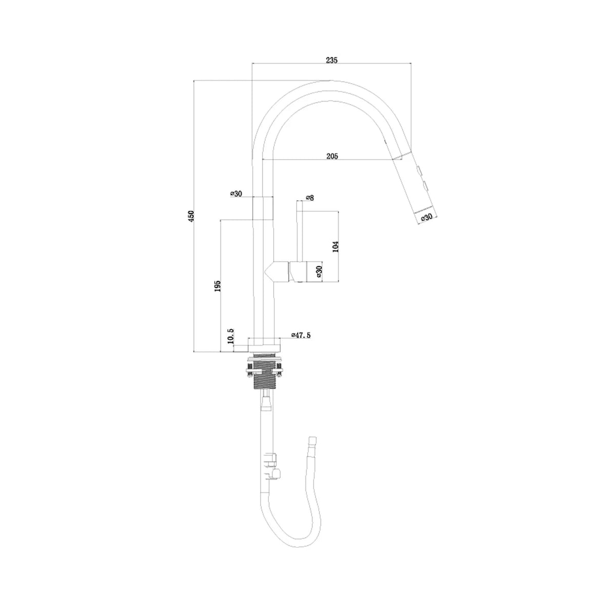 Dimensioned spec drawing for SANIKB FYF-05034 pull down kitchen faucet, brass body.